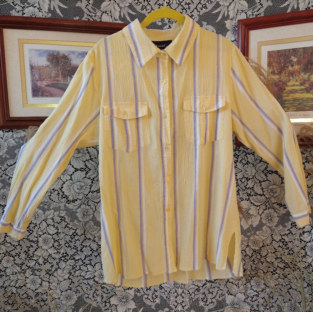 Denim&Co yellow with lavender and white stripes shirt with long sleeve button up